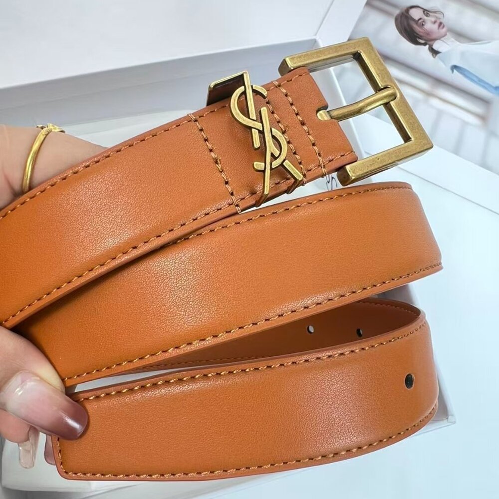 YSL Yves Saint Laurent Brown Cowhide Leather Belt Size 85 Gold Buckle - Picture 2 of 9